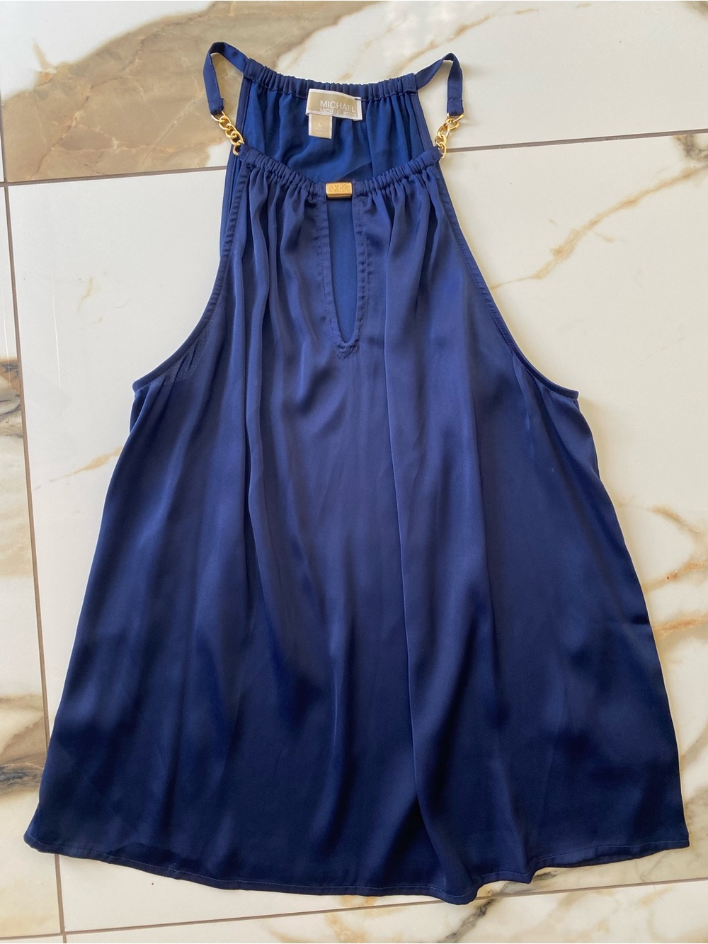 MICHAEL Michael Kors Navy Blue Satin Halter Tip with Gold Chain Accents (Size L)